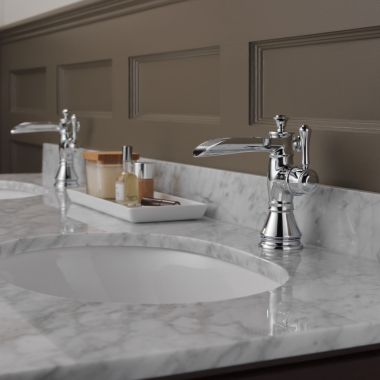 Click here to see Delta 598LF-MPU Delta Cassidy Channel Spout Deck-Mount Chrome Lavatory Faucet, Metal Pop-Up, 1.2 GPM, Single-Handle, Lever Handle - 598LF-MPU