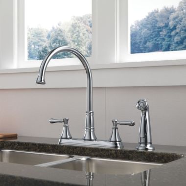 Click here to see Delta 2497LF-AR Delta Cassidy Two-Handle High-Arc Deck-Mount Arctic Stainless Kitchen Faucet with Side Spray, 1.8 GPM, Lever Handle, ADA, No-Lead Compliant - 2497LF-AR