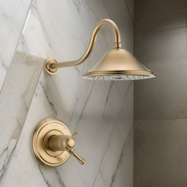 Click here to see Delta T17T297-CZ Delta Cassidy TempAssure 17T Series Two-Handle Shower Faucet with Single-Setting Rain Showerhead, 2.5 GPM, Lever Handles, Champagne Bronze - T17T297-CZ