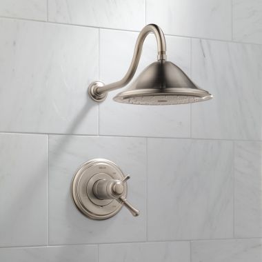 Click here to see Delta T17T297-SS Delta Cassidy TempAssure 17T Series Two-Handle Shower Faucet with Single-Setting Rain Showerhead, 2.5 GPM, Lever Handles, Stainless - T17T297-SS