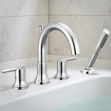 Click here to see Delta T4759 Delta Trinsic Two-Handle Roman Tub Faucet Trim with Easy-to-Clean 1.75 GPM Hand Shower, Lever Handles, Chrome - T4759
