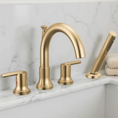 Click here to see Delta T4759-CZ Delta Trinsic Two-Handle Roman Tub Faucet Trim with Easy-to-Clean 1.75 GPM Hand Shower, Lever Handles, Champagne Bronze - T4759-CZ