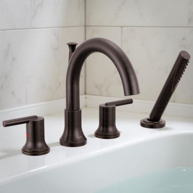 Click here to see Delta T4759-RB Delta Trinsic Two-Handle Roman Tub Faucet Trim with Easy-to-Clean 1.75 GPM Hand Shower, Lever Handles, Venetian Bronze - T4759-RB