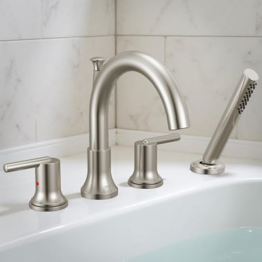 Click here to see Delta T4759-SS Delta Trinsic Two-Handle Roman Tub Faucet Trim with Easy-to-Clean 1.75 GPM Hand Shower, Lever Handles, Stainless  - T4759-SS