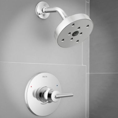 Click here to see Delta T14259 Delta Trinsic Monitor 14 One-Handle H2Okinetic Shower Faucet w/ Single-Setting Rain Showerhead, 1.75 GPM, Lever Handle, Chrome - T14259