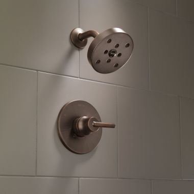 Click here to see Delta T14259-RB Delta Trinsic Monitor 14 Series Single-Handle H2Okinetic Shower Faucet with Single-Setting Rain Showerhead, 1.75 GPM, Lever Handle, Venetian Bronze - T14259-RB