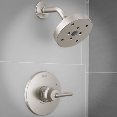 Click here to see Delta T14259-SS Delta Trinsic Monitor 14 One-Handle H2Okinetic Shower Faucet w/ Single-Setting Rain Showerhead, 1.75 GPM, Lever Handle, Stainless - T14259-SS