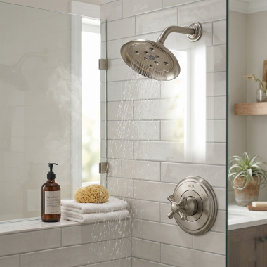 Click here to see DELTA T14297-SSLHP Delta Cassidy Monitor 14 Series H2Okinetic Shower Faucet with Single-Setting Rain Showerhead, 1.75 GPM, Less Handle, Stainless - T14297-SSLHP