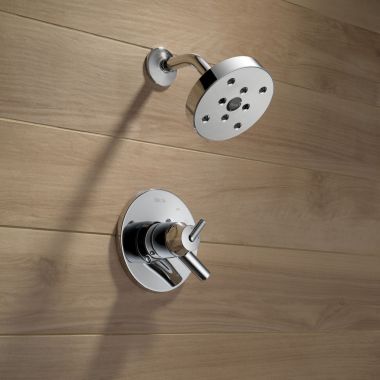 Click here to see Delta T17259 Delta Trinsic Monitor 17 Series Two-Handle H2Okinetic Raincan Shower Faucet with Volume Control, 1.75 GPM, Lever Handles, Chrome - T17259