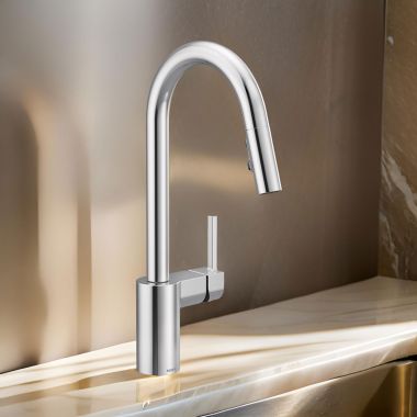 Click here to see Moen 7565 Moen Align Single Handle High-Arc Pull-Down Kitchen Faucet, Chrome - 7565