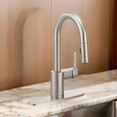Click here to see Moen 5965SRS Moen Align Single-Handle High Arc Pull-Down Bar/Prep Faucet, 1.5 GPM, Reflex, Power Clean, Duralock, Spot Resist Stainless - 5965SRS