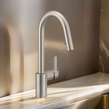 Click here to see Moen 7565SRS Moen Align Single Handle High-Arc Puill-Down Kitchen Faucet, Spot Resist Stainless - 7565SRS