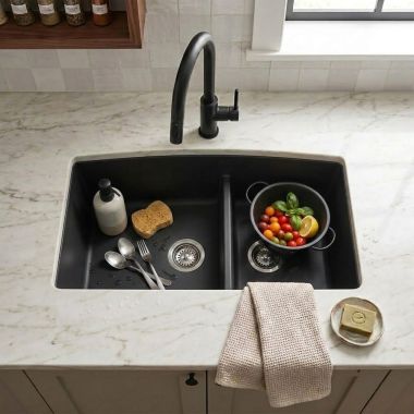 Click here to see BLANCO 441312 Blanco Performa SILGRANIT 60/40 Double Bowl Undermount Kitchen Sink with Low Divide, Anthracite - 441312