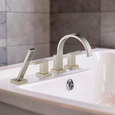 Click here to see BRIZO T67480-BNLHP Brizo Siderna Two-Handle Roman Tub Faucet Trim with 1.75 GPM Hand Shower, 4-Hole, Less Handles, Brilliance Brushed Nickel - T67480-BNLHP