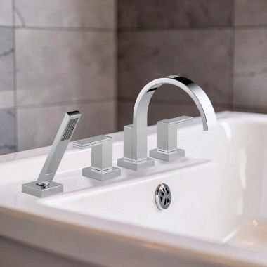 Click here to see Brizo T67480-PCLHP Brizo Siderna Two-Handle Roman Tub Faucet Trim with 1.75 GPM Hand Shower, 4-Hole, Less Handles, Polished Chrome - T67480-PCLHP