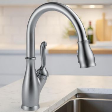 Click here to see Delta 9178-AR-DST Delta Leland Pull-Down Kitchen Faucet, Single Handle, Shieldspray, MagnaTite, Touch-Clean, 1.8 GPM, Arctic Stainless - 9178-AR-DST
