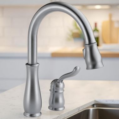Click here to see Delta 978-AR-DST Delta Leland Pull-Down Kitchen Faucet, Single-Handle, 2 Hole, Touch-Clean, Diamond Seal, 1.8 GPM, Arctic Stainless - 978-AR-DST