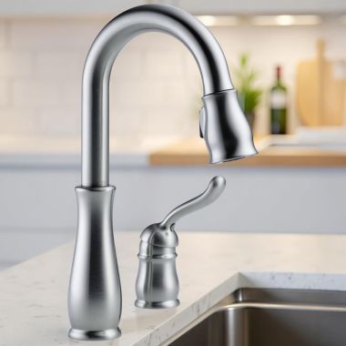 Click here to see Delta 9978-AR-DST Delta Leland Pull-Down Bar / Prep Faucet, Single Handle, Deck Mount, DIAMOND Seal, MagnaTite, ADA, 1.8 GPM, Arctic Stainless - 9978-AR-DST