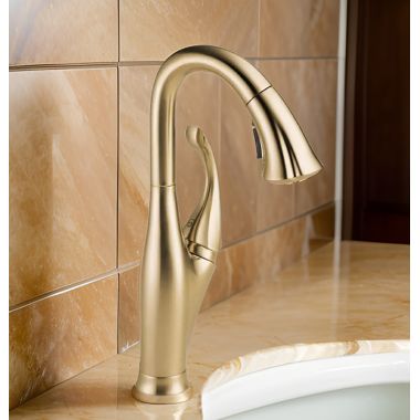 Click here to see Delta 9992-CZ-DST Delta Addison Touch2O Single Handle Pull-Down Bar/Prep Faucet, Champagne Bronze - 9992-CZ-DST