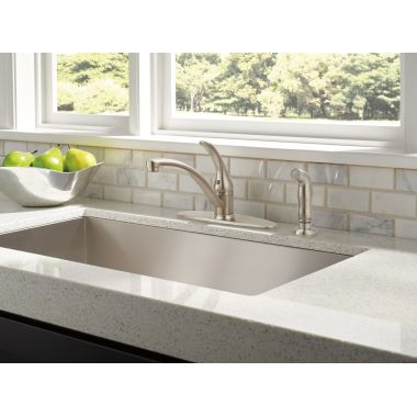 Click here to see Delta B4410LF-SS Delta Foundations Single Handle Kitchen Faucet w/ Side Spray, Stainless Steel - B4410LF–SS