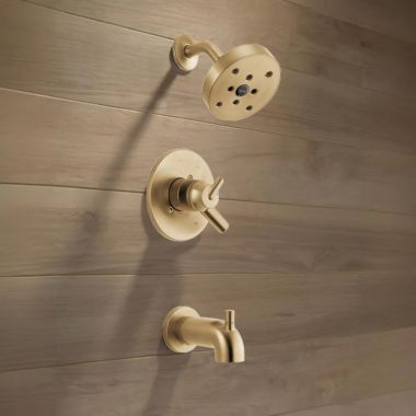 Click here to see Delta T17459-CZ Delta Trinsic Monitor 17 Series H2Okinetic Tub/Shower Faucet with Volume Control, Two-Handle, 1.75 GPM, Lever Handle, Champagne Bronze - T17459-CZ