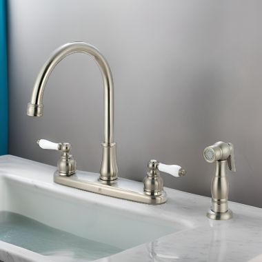 Click here to see Pioneer 2BR111-BN Pioneer Brentwood Two-Handle Kitchen Faucet w/ Side Spray, Porcelain Lever Handles, Brushed Nickel - 2BR111-BN 