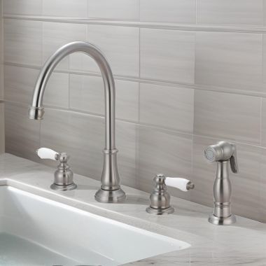 Click here to see Pioneer 2BR211-BN Pioneer Brentwood Two-Handle Widespread Kitchen Faucet w/ Side Spray, Porcelain Lever Handles, Brushed Nickel - 2BR211-BN