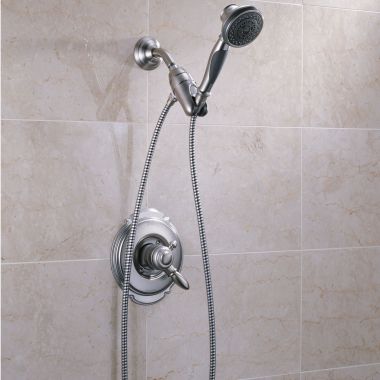 Click here to see Delta 54613 Delta Premium Three-Setting Touch-Clean Handheld Shower with Shower Mount and 60in to 82in Stretchable Metal Hose, 1.75 GPM, Chrome - 54613