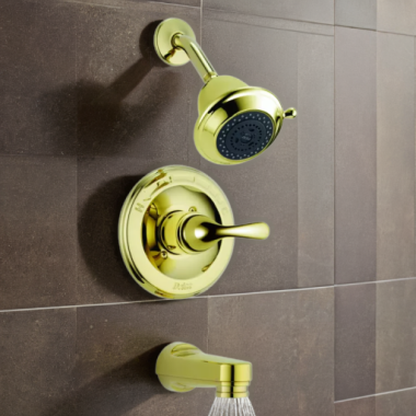 Click here to see Delta T13420-PBSHCPD Delta Classic Monitor 13 Series Single-Handle Tub/Shower Faucet with Rain Showerhead, Pull-Down Diverter Spout, 1.75 GPM, Lever Handle, Polished Brass - T13420-PBSHCPD