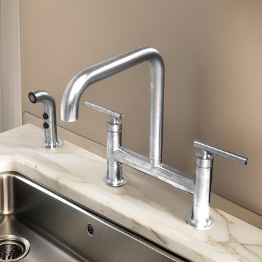 Click here to see Kohler 7548-4-CP Kohler Purist Two Handle Deck-Mount Bridge Faucet w/ Side Spray, Lever Handles, Polished Chrome - K-7548-4-CP