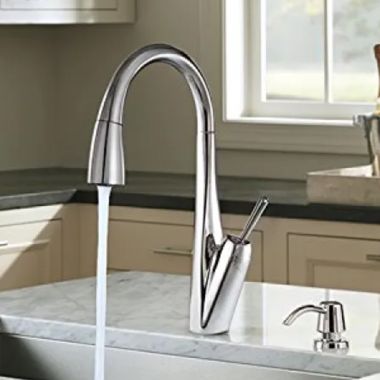 Click here to see Pfister GT529-MPC Pfister Zuri Single Handle Pull–Down Kitchen Faucet and Soap Dispenser, 1.8GPM, Chrome - GT529–PC