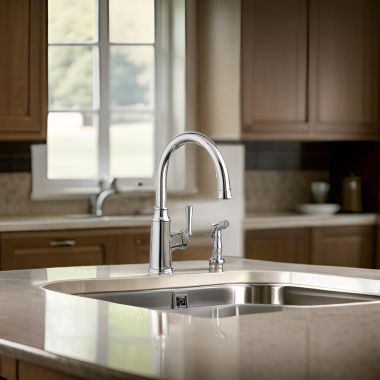 Click here to see American Standard 4285.051.002 American Standard Portsmouth Single Handle High-Arc Wall Mounted Kitchen Faucet with Side Spray, 2.2 GPM, Chrome - 4285.051.002
