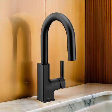 Click here to see Moen S62308BL Moen STo Single Handle High Arc Pull-Down Bar/Prep Faucet, Matte Black - S62308BL