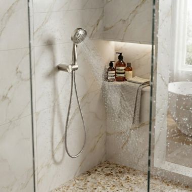 Click here to see MOEN 3636EPBN Moen Eco-Performance Handheld Shower with Bracket and Hose, Four-Funtion, 2 GPM, WaterSenese, Brushed Nickel - 3636EPBN