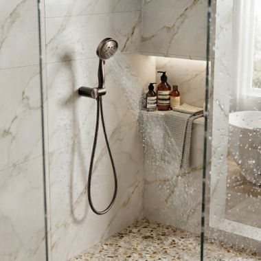 Click here to see MOEN 3636EPORB Moen Eco-Performance Handheld Shower with Bracket and Hose, Four-Funtion, 2 GPM, WaterSenese, Oil Rubbed Bronze - 3636EPORB