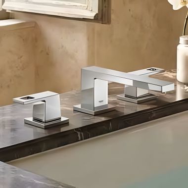Click here to see Grohe 117982 GROHE Eurocube Two-Handle Deck-Mount Roman Tub Faucet, 3-Hole, Lever Handles, StarLight Chrome - 117982