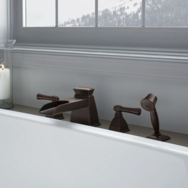 Click here to see Brizo T67745-RB Brizo Vesi Two-Handle Roman Tub Faucet Trim with Hand Shower, 4-Hole, Channel Spout, 1.75 GPM, Lever Handles, ADA, Venetian Bronze - T67745-RB