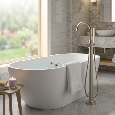 Click here to see BRIZO T70175-BN Brizo Odin Single-Handle Freestanding Tub Filler with Single-Function H2Okinetic Handshower, 1.75 GPM, Brilliance Brushed Nickel - T70175-BN