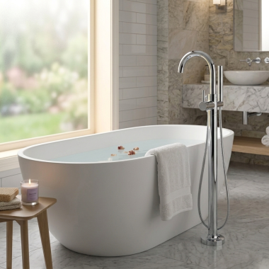 Click here to see BRIZO T70175-PC Brizo Odin Single-Handle Freestanding Tub Filler with Single-Function H2Okinetic Handshower, 1.75 GPM, Polished Chrome - T70175-PC