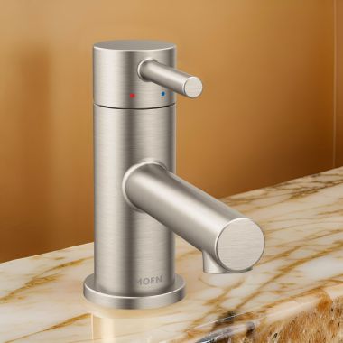 Click here to see Moen 6191BN Moen Align One-Handle Low Arc Brushed Nickel Bathroom Faucet with Metal Pop-up and Red/Blue Indicators, 1.2 GPM, ADA Lever Handle, WaterSense - 6191BN