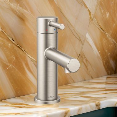 Click here to see Moen 6190BN Moen Align Single-Handle High-Arc Brushed Nickel Bathroom Faucet with Metal Pop-Up and Red/Blue Indicators, 1.2 GPM, ADA Lever Handle, Single-Hole - 6190BN