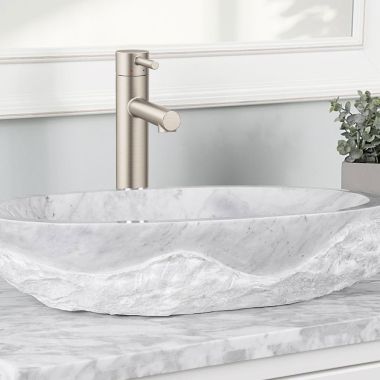 Click here to see Moen 6192BN Moen Align One-Handle High-Arc Brushed Nickel Vessel Bathroom Faucet with Red/Blue Indicator, 1.2 GPM, Lever Handle, Single-Hole, WaterSense - 6192BN