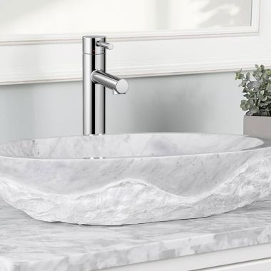 Click here to see Moen 6192 Moen Align One-Handle High-Arc Chrome Vessel Bathroom Faucet with Red/Blue Indicator, 1.2 GPM, Lever Handle, Single-Hole, WaterSense - 6192