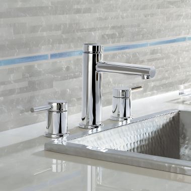 Click here to see Moen T6193 Moen Align Two-Handle High Arc Chrome Widespread Bathroom Faucet with Red/Blue Indicators, M-PACT, 1.2 GPM, ADA Lever Handle, Three-Hole - T6193