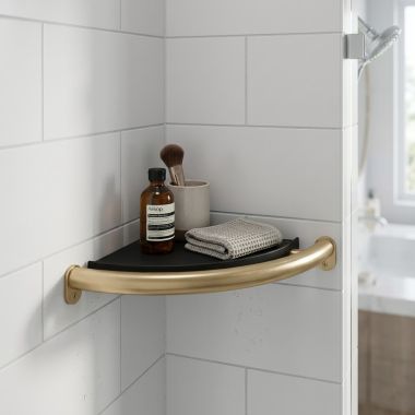 Click here to see DELTA 41516-CZ Delta Decor Assist Contemporary Corner Shelf with Assist Bar, Champagne Bronze - 41516-CZ