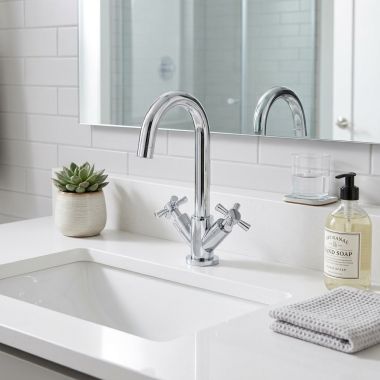 Click here to see Danze D301059 Danze Parma Single-Hole Bathroom Faucet with Touch-Down Drain, 1.5 GPM, Cross Handle, WaterSense, Chrome - D301059