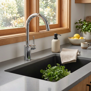 Click here to see MOEN 7365 Moen Align Single-Handle High-Arc Kitchen Faucet, 1.5 GPM, Chrome - 7365
