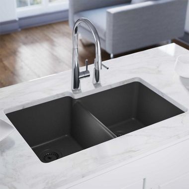 Click here to see Elkay 72001106 Elkay Quartz Classic Dusk Gray 33in x 21in Undermount Double Bowl Kitchen Sink with Rear Center Drain - ELGU250RGY0