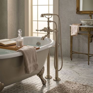 Click here to see Newport Brass 850-4283/15 Newport Brass Seaport Exposed Wall-Mount Tub Filler with Hand Shower, ADA, Polished Nickel - 850-4283/15