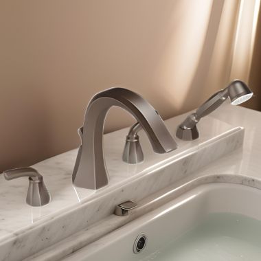 Click here to see Moen TS244ORB Moen Felicity Single-Function Two-Handle Roman Tub Faucet with 2.5 GPM Hand Shower, High Arc Spout, Oil Rubbed Bronze - TS244ORB